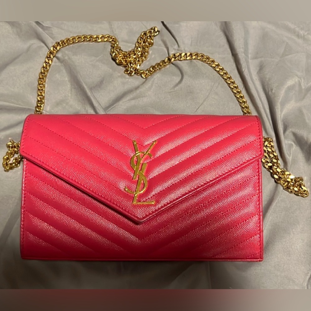 Yves Saint Laurent Pink Quilted Leather Clutch with Gold Chain